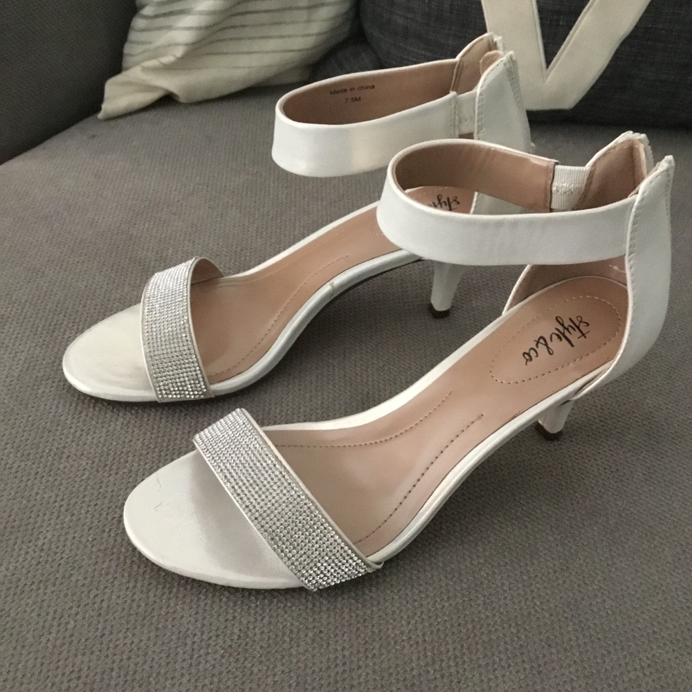 Style & Co.  Size 7.5, shiny white with rhinestones, 2.5 inch heels.